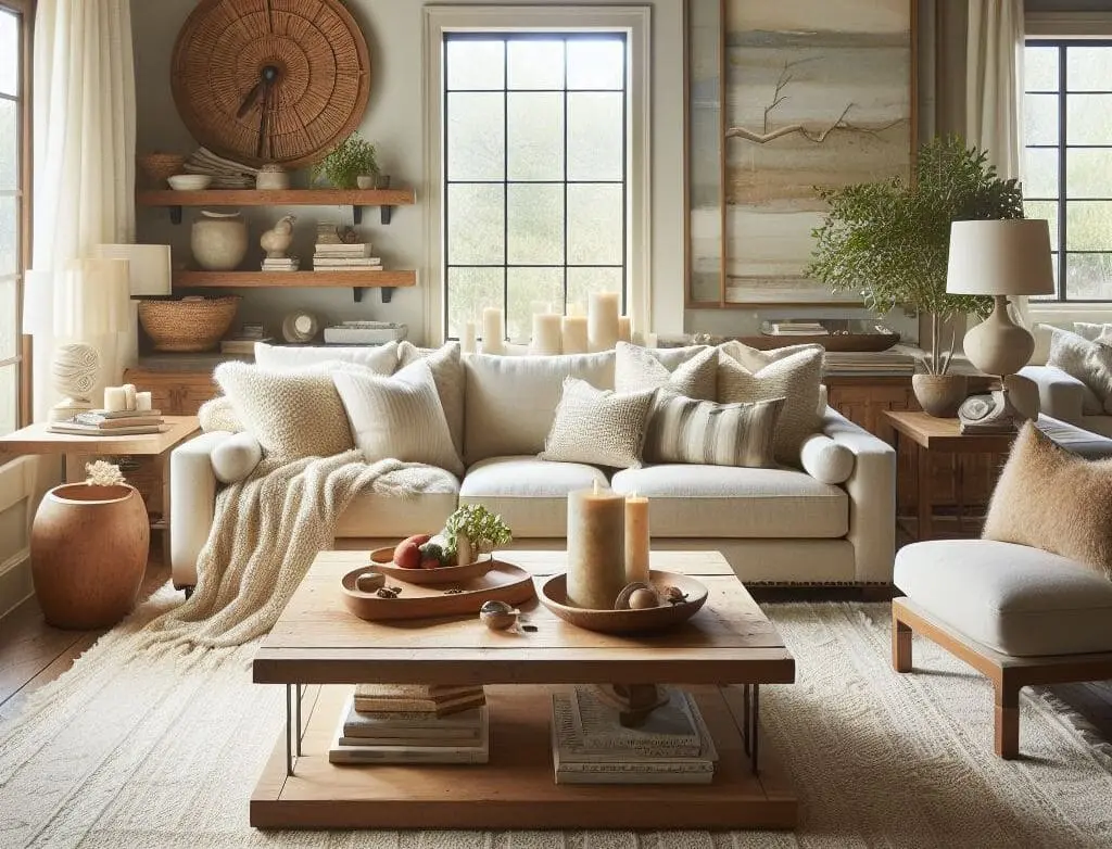 A Pottery Barn living room with a beige sofa, natural wood coffee table, and layered textures
