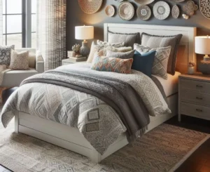 A modern teen bedroom with a Pottery Barn bed featuring a patterned duvet, textured throw pillows, and decorative accents.