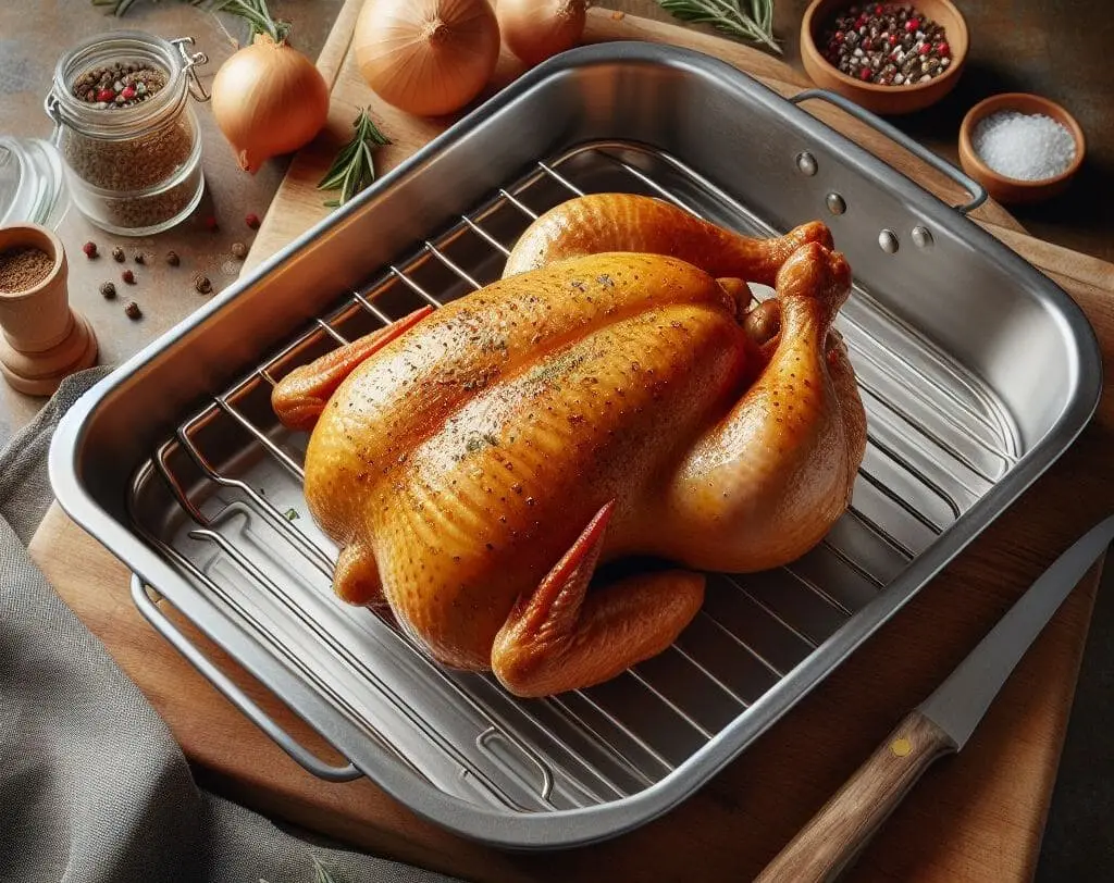 A stainless steel slotted broiler pan with a whole chicken ready for broiling